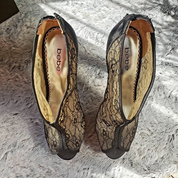 Bebe Black Satin and Lace Open Toe Heels - Picture 2 of 4